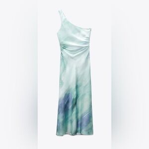 NWT Zara Satin Tie-Dye Ruched One Shoulder Maxi Dress Sz S
